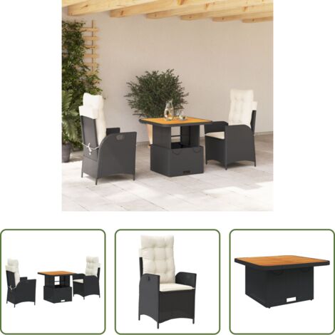 Sedie da giardino reclinabili -  Set da Pranzo da Giardino 3 pz con Cuscini Nero in Polyrattan