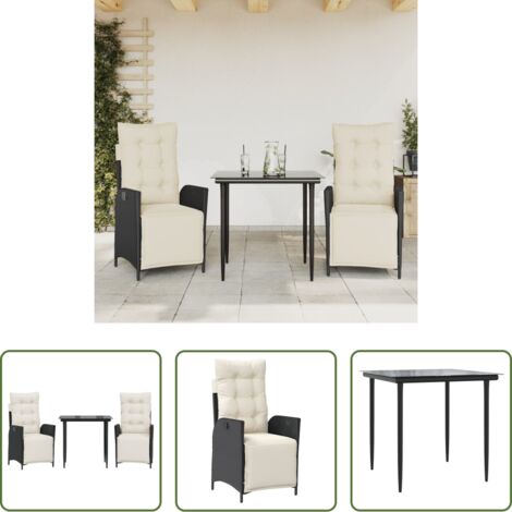 Sedie da giardino reclinabili -  Set da Pranzo da Giardino 3 pz con Cuscini Nero in Polyrattan