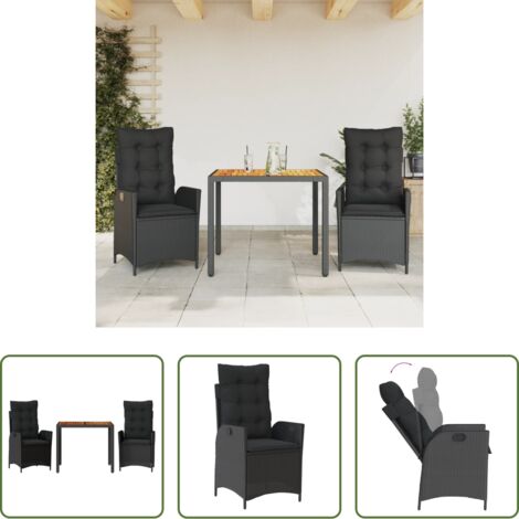 Sedie da giardino reclinabili -  Set da Pranzo da Giardino 3 pz con Cuscini Nero in Polyrattan