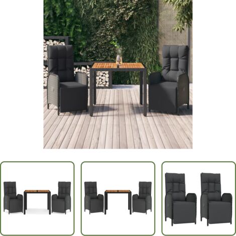 Sedie da giardino reclinabili -  Set da Pranzo da Giardino 3 pz con Cuscini Nero in Polyrattan