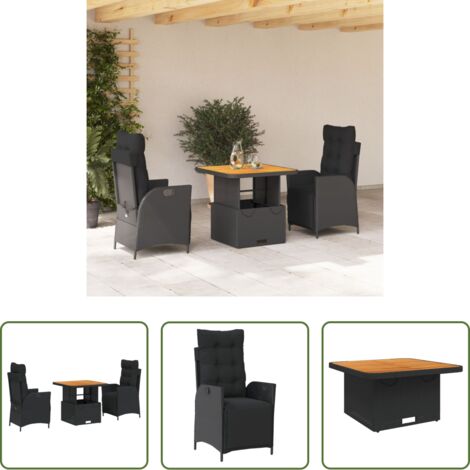 Sedie da giardino reclinabili -  Set da Pranzo da Giardino 3 pz con Cuscini Nero in Polyrattan