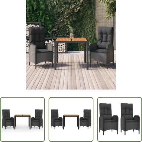 Sedie da giardino reclinabili -  Set da Pranzo da Giardino 3 pz con Cuscini Nero in Polyrattan