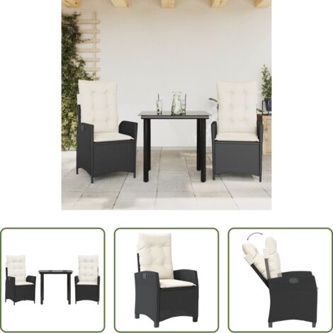 Sedie da giardino reclinabili -  Set da Pranzo da Giardino 3 pz con Cuscini Nero in Polyrattan