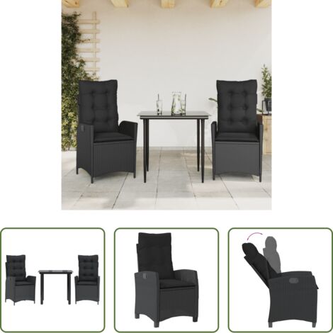 Sedie da giardino reclinabili -  Set da Pranzo da Giardino 3 pz con Cuscini Nero in Polyrattan