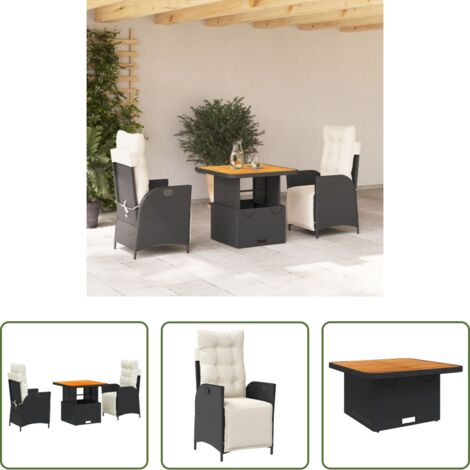 Sedie da giardino reclinabili -  Set da Pranzo da Giardino 3 pz con Cuscini Nero in Polyrattan