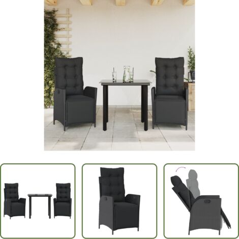 Sedie da giardino reclinabili -  Set da Pranzo da Giardino 3 pz con Cuscini Nero in Polyrattan
