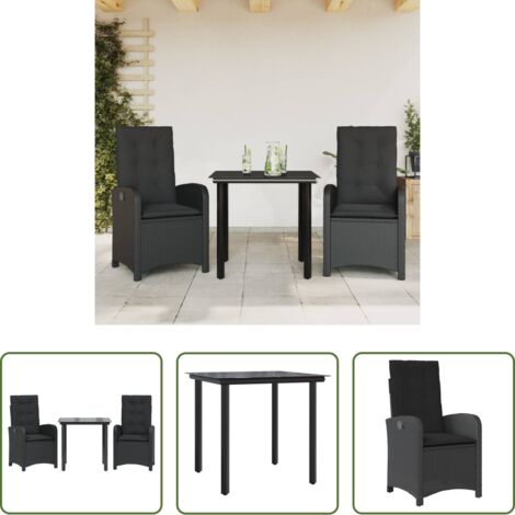 Sedie da giardino reclinabili -  Set da Pranzo da Giardino 3 pz con Cuscini Nero in Polyrattan