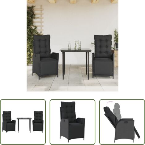 Sedie da giardino reclinabili -  Set da Pranzo da Giardino 3 pz con Cuscini Nero in Polyrattan
