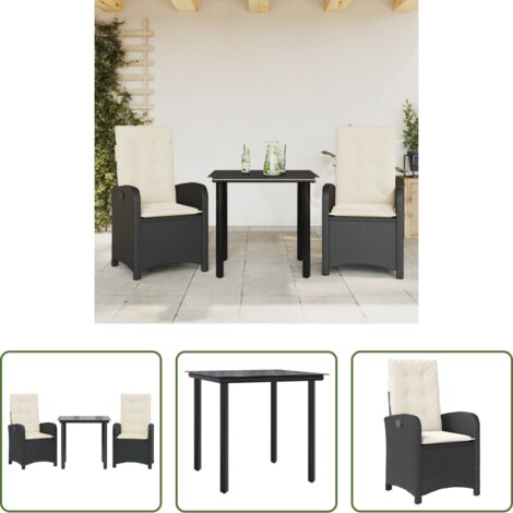 Sedie da giardino reclinabili -  Set da Pranzo da Giardino 3 pz con Cuscini Nero in Polyrattan