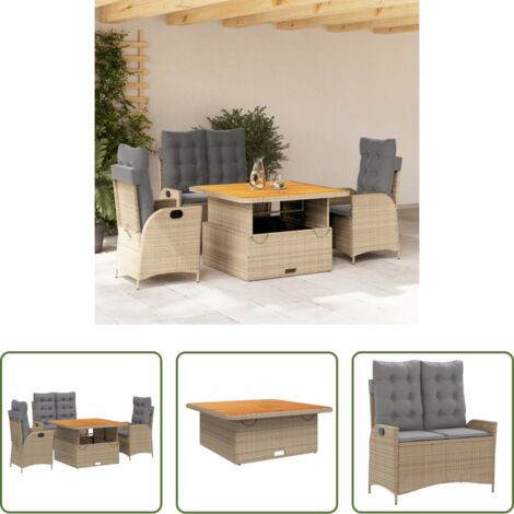 Sedie da giardino reclinabili -  Set da Pranzo da Giardino 4 pz con Cuscini Beige in Polyrattan