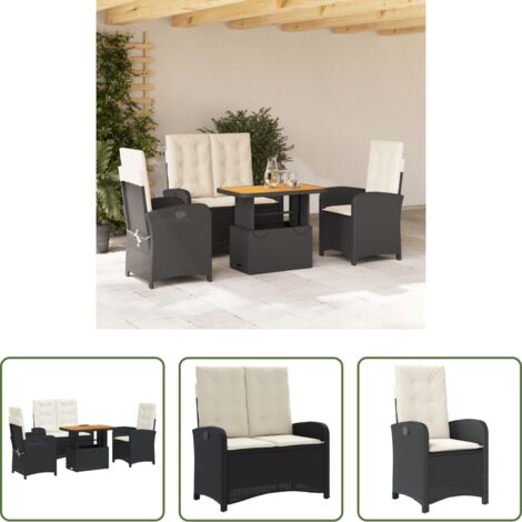 Sedie da giardino reclinabili -  Set da Pranzo da Giardino 4 pz con Cuscini Nero in Polyrattan
