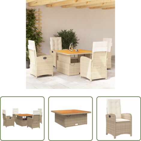 Sedie da giardino reclinabili -  Set da Pranzo da Giardino 5 pz con Cuscini Beige in Polyrattan