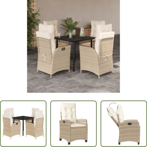 Sedie da giardino reclinabili -  Set da Pranzo da Giardino 5 pz con Cuscini Beige in Polyrattan
