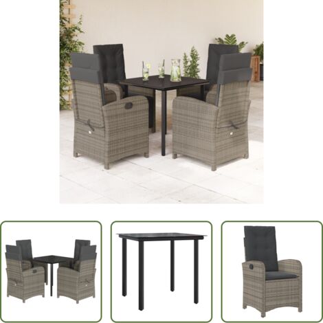 Sedie da giardino reclinabili -  Set da Pranzo da Giardino 5 pz con Cuscini in Polyrattan Grigio