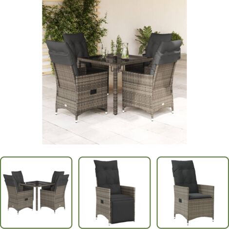 Sedie da giardino reclinabili -  Set da Pranzo da Giardino 5 pz con Cuscini in Polyrattan Grigio