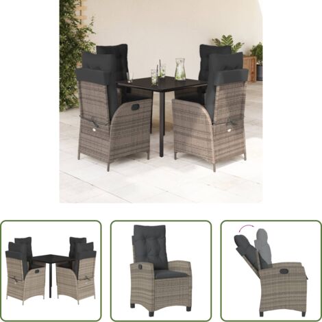 Sedie da giardino reclinabili -  Set da Pranzo da Giardino 5 pz con Cuscini in Polyrattan Grigio