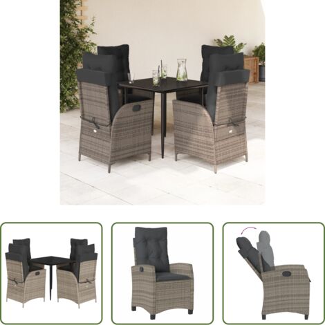 Sedie da giardino reclinabili -  Set da Pranzo da Giardino 5 pz con Cuscini in Polyrattan Grigio