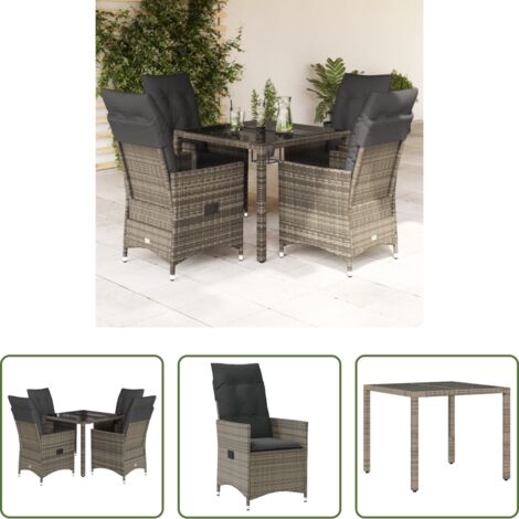 Sedie da giardino reclinabili -  Set da Pranzo da Giardino 5 pz con Cuscini in Polyrattan Grigio