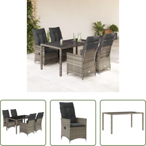 Sedie da giardino reclinabili -  Set da Pranzo da Giardino 5 pz con Cuscini in Polyrattan Grigio