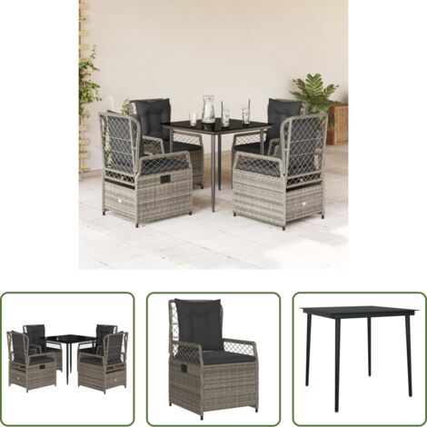 Sedie da giardino reclinabili -  Set da Pranzo da Giardino 5 pz con Cuscini in Polyrattan Grigio