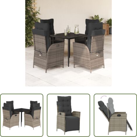 Sedie da giardino reclinabili -  Set da Pranzo da Giardino 5 pz con Cuscini in Polyrattan Grigio