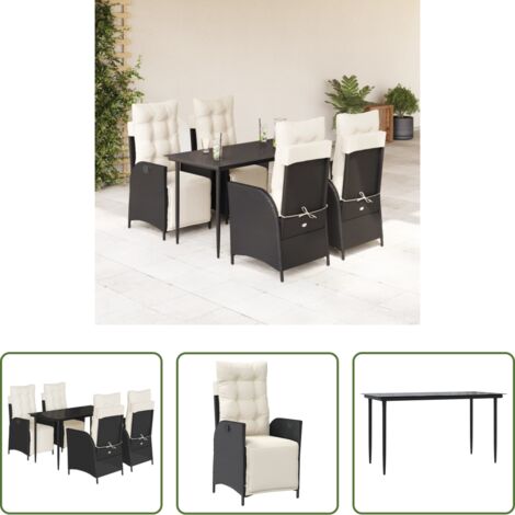 Sedie da giardino reclinabili -  Set da Pranzo da Giardino 5 pz Nero con Cuscini in Polyrattan