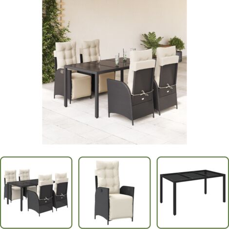 Sedie da giardino reclinabili -  Set da Pranzo da Giardino 5 pz Nero con Cuscini in Polyrattan