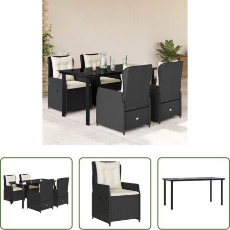 Sedie da giardino reclinabili -  Set da Pranzo da Giardino 5 pz Nero con Cuscini in Polyrattan