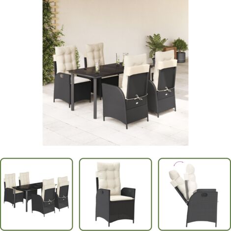 Sedie da giardino reclinabili -  Set da Pranzo da Giardino 5 pz Nero con Cuscini in Polyrattan