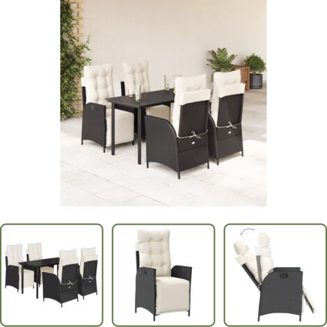 Sedie da giardino reclinabili -  Set da Pranzo da Giardino 5 pz Nero con Cuscini in Polyrattan