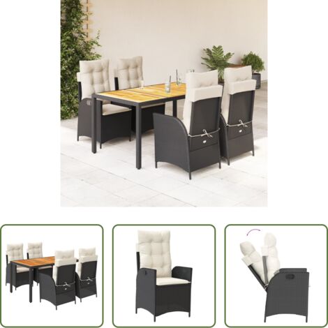 Sedie da giardino reclinabili -  Set da Pranzo da Giardino 5 pz Nero con Cuscini in Polyrattan