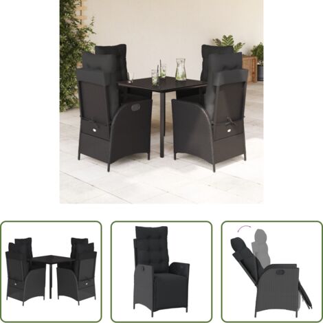 Sedie da giardino reclinabili -  Set da Pranzo da Giardino 5 pz Nero con Cuscini in Polyrattan