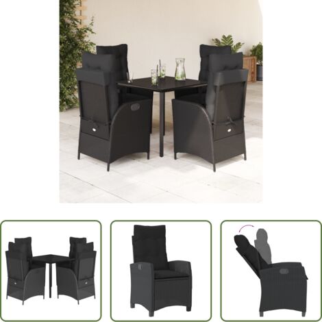 Sedie da giardino reclinabili -  Set da Pranzo da Giardino 5 pz Nero con Cuscini in Polyrattan