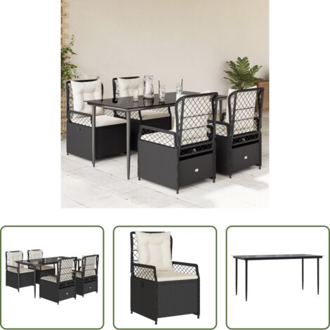 Sedie da giardino reclinabili -  Set da Pranzo da Giardino 5 pz Nero con Cuscini in Polyrattan