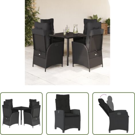Sedie da giardino reclinabili -  Set da Pranzo da Giardino 5 pz Nero con Cuscini in Polyrattan