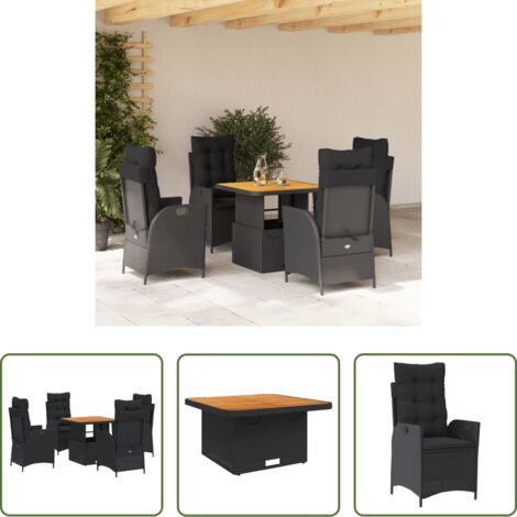 Sedie da giardino reclinabili -  Set da Pranzo da Giardino 5 pz Nero con Cuscini in Polyrattan
