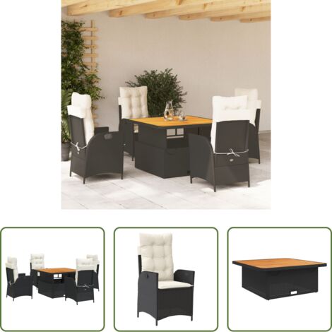 Sedie da giardino reclinabili -  Set da Pranzo da Giardino 5 pz Nero con Cuscini in Polyrattan