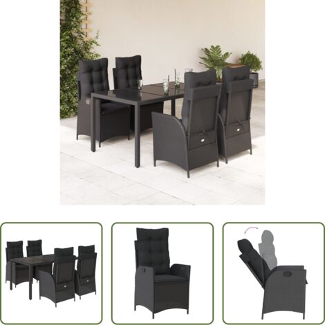 Sedie da giardino reclinabili -  Set da Pranzo da Giardino 5 pz Nero con Cuscini in Polyrattan