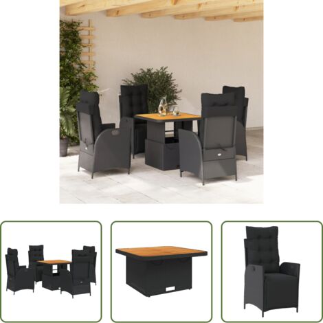 Sedie da giardino reclinabili -  Set da Pranzo da Giardino 5 pz Nero con Cuscini in Polyrattan