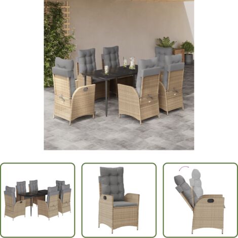 Sedie da giardino reclinabili -  Set da Pranzo da Giardino 7 pz con Cuscini Beige in Polyrattan
