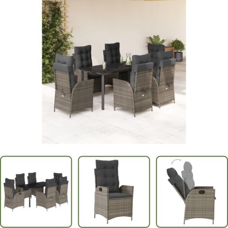 Sedie da giardino reclinabili -  Set da Pranzo da Giardino 7 pz con Cuscini in Polyrattan Grigio