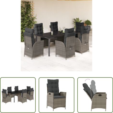Sedie da giardino reclinabili -  Set da Pranzo da Giardino 7 pz con Cuscini in Polyrattan Grigio