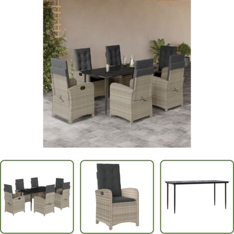 Sedie da giardino reclinabili -  Set da Pranzo da Giardino 7 pz Cuscini Polyrattan Grigio Chiaro