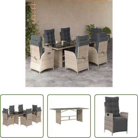 Sedie da giardino reclinabili -  Set da Pranzo da Giardino 7 pz Cuscini Polyrattan Grigio Chiaro
