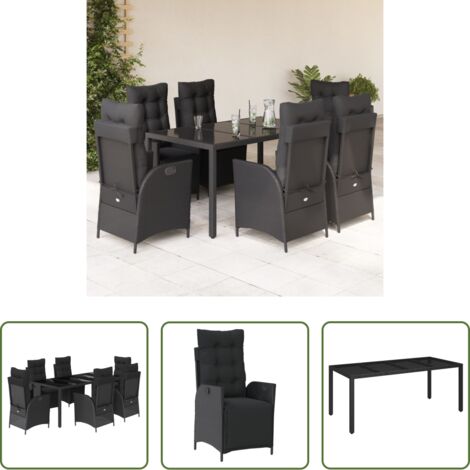 Sedie da giardino reclinabili -  Set da Pranzo da Giardino 7 pz Nero con Cuscini in Polyrattan