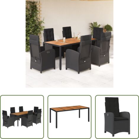 Sedie da giardino reclinabili -  Set da Pranzo da Giardino 7 pz Nero con Cuscini in Polyrattan