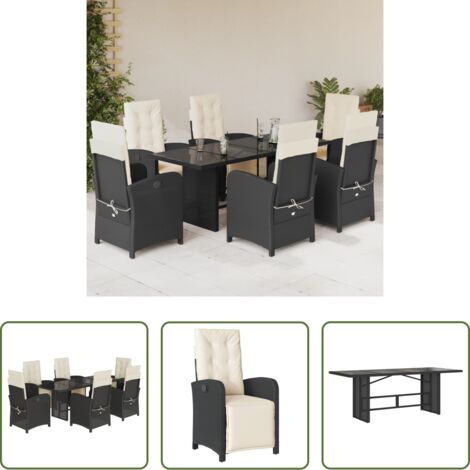 Sedie da giardino reclinabili -  Set da Pranzo da Giardino 7 pz Nero con Cuscini in Polyrattan