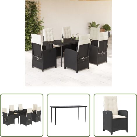 Sedie da giardino reclinabili -  Set da Pranzo da Giardino 7 pz Nero con Cuscini in Polyrattan