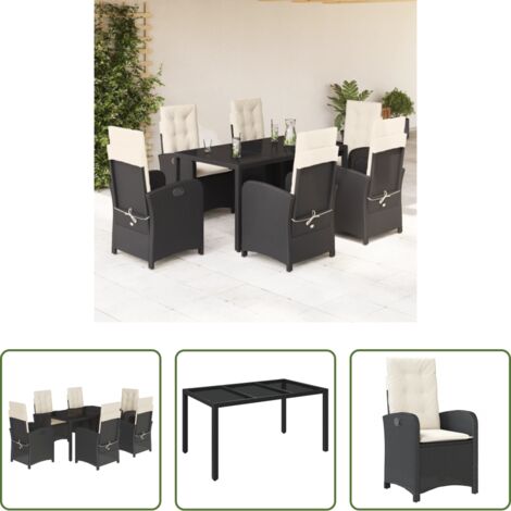Sedie da giardino reclinabili -  Set da Pranzo da Giardino 7 pz Nero con Cuscini in Polyrattan