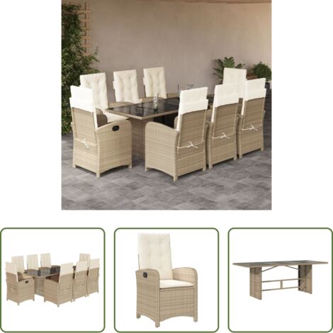 Sedie da giardino reclinabili -  Set da Pranzo da Giardino 9 pz con Cuscini Beige in Polyrattan